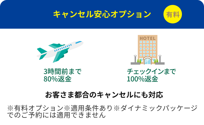キャンセル安心オプション（有料）：3時間前まで80%返金 / チェックインまで100%返金。お客さま都合のキャンセルにも対応 ※有料オプション ※適用条件あり